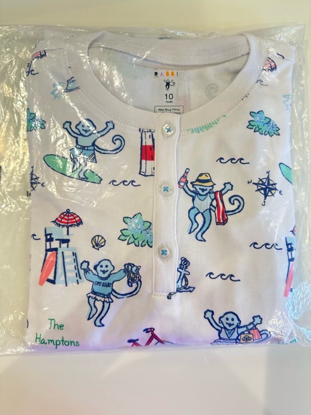 Roller Rabbit Kids White Pajama Top with Blue and Green Beach Monkey Print
